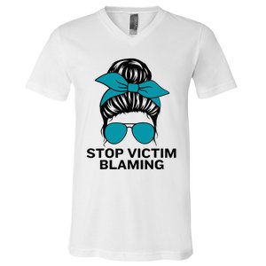 Stop Victim Blaming Messy Bun Sexual Assault Awareness Month V-Neck T-Shirt