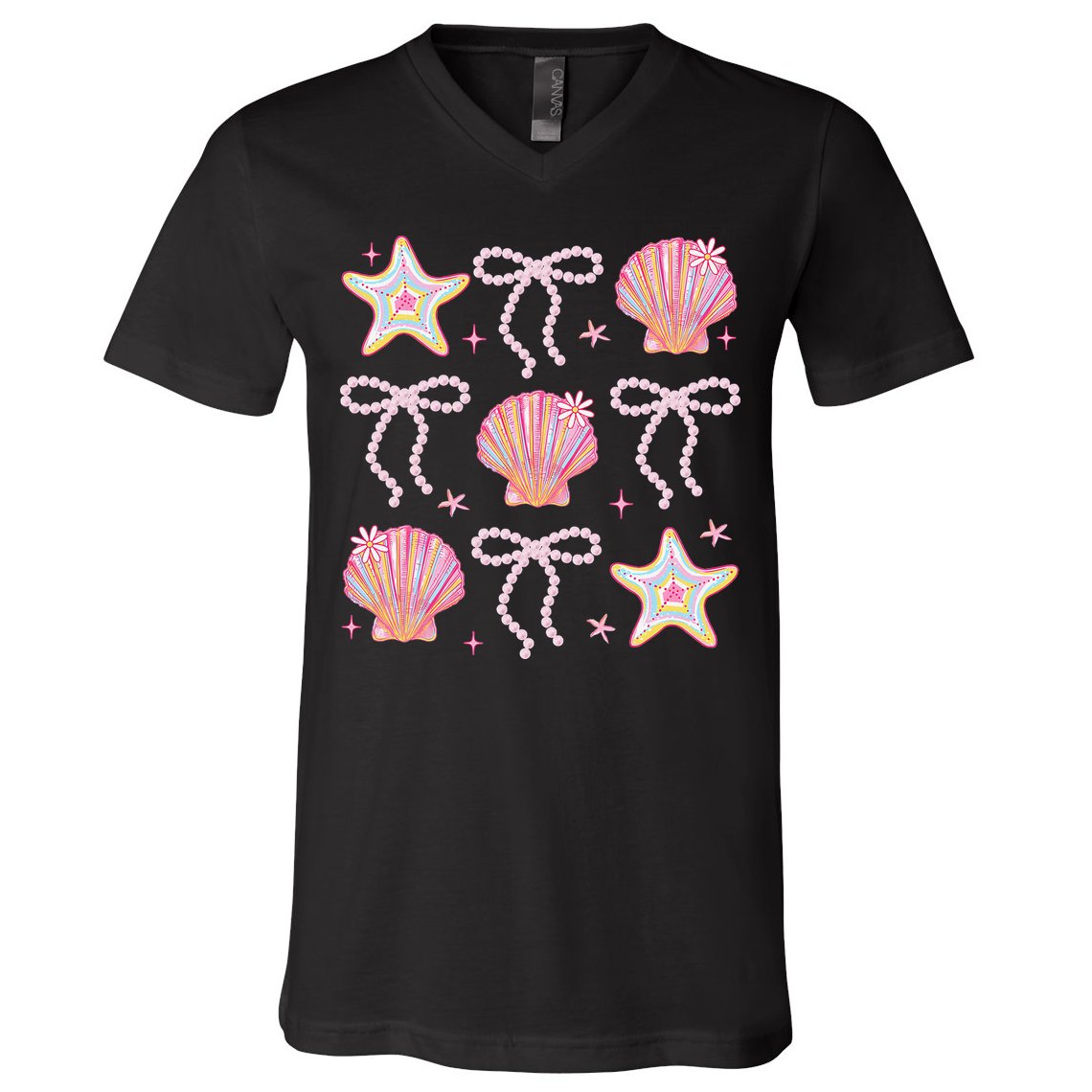 Summer Vibe Coquette Bow Pearl Clam Starfish Cotton Candy V-Neck T-Shirt