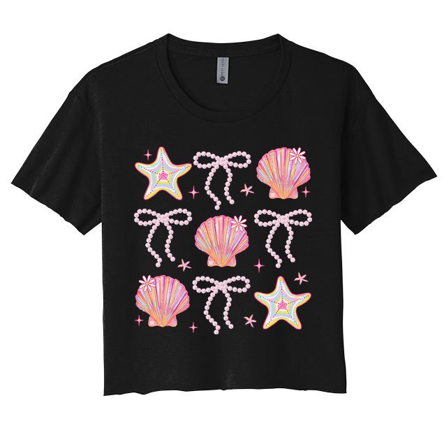 Summer Vibe Coquette Bow Pearl Clam Starfish Cotton Candy Women's Crop Top Tee