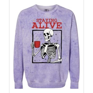 Spooky Vibe Coffee Skeleton Halloween Staying Alive Meme Colorblast Crewneck Sweatshirt