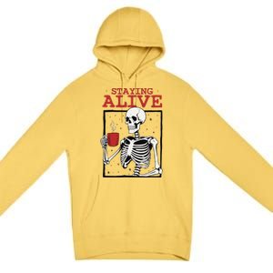 Spooky Vibe Coffee Skeleton Halloween Staying Alive Meme Premium Pullover Hoodie