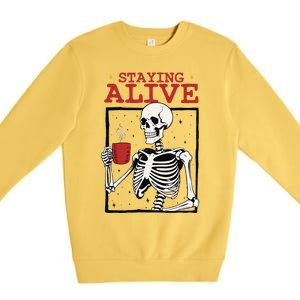 Spooky Vibe Coffee Skeleton Halloween Staying Alive Meme Premium Crewneck Sweatshirt