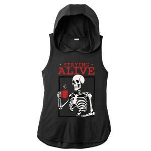 Spooky Vibe Coffee Skeleton Halloween Staying Alive Meme Ladies PosiCharge Tri-Blend Wicking Draft Hoodie Tank