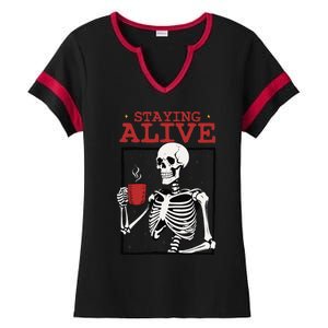 Spooky Vibe Coffee Skeleton Halloween Staying Alive Meme Ladies Halftime Notch Neck Tee