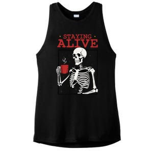 Spooky Vibe Coffee Skeleton Halloween Staying Alive Meme Ladies PosiCharge Tri-Blend Wicking Tank