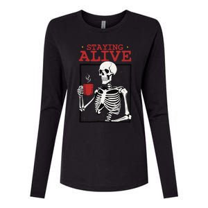 Spooky Vibe Coffee Skeleton Halloween Staying Alive Meme Womens Cotton Relaxed Long Sleeve T-Shirt