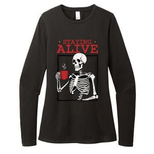 Spooky Vibe Coffee Skeleton Halloween Staying Alive Meme Womens CVC Long Sleeve Shirt