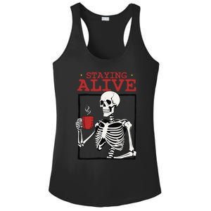 Spooky Vibe Coffee Skeleton Halloween Staying Alive Meme Ladies PosiCharge Competitor Racerback Tank