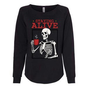 Spooky Vibe Coffee Skeleton Halloween Staying Alive Meme Womens California Wash Sweatshirt