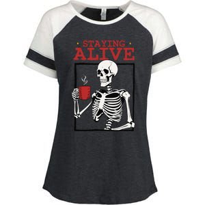 Spooky Vibe Coffee Skeleton Halloween Staying Alive Meme Enza Ladies Jersey Colorblock Tee