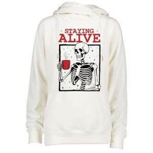 Spooky Vibe Coffee Skeleton Halloween Staying Alive Meme Womens Funnel Neck Pullover Hood