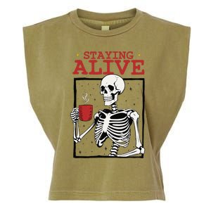 Spooky Vibe Coffee Skeleton Halloween Staying Alive Meme Garment-Dyed Women's Muscle Tee