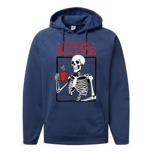 Spooky Vibe Coffee Skeleton Halloween Staying Alive Meme Performance Fleece Hoodie