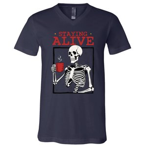 Spooky Vibe Coffee Skeleton Halloween Staying Alive Meme V-Neck T-Shirt