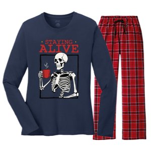 Spooky Vibe Coffee Skeleton Halloween Staying Alive Meme Women's Long Sleeve Flannel Pajama Set 