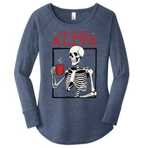 Spooky Vibe Coffee Skeleton Halloween Staying Alive Meme Women's Perfect Tri Tunic Long Sleeve Shirt