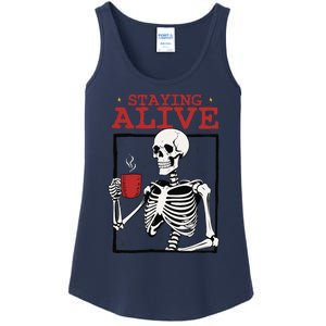 Spooky Vibe Coffee Skeleton Halloween Staying Alive Meme Ladies Essential Tank