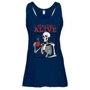 Spooky Vibe Coffee Skeleton Halloween Staying Alive Meme Ladies Essential Flowy Tank