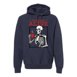 Spooky Vibe Coffee Skeleton Halloween Staying Alive Meme Premium Hoodie