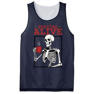 Spooky Vibe Coffee Skeleton Halloween Staying Alive Meme Mesh Reversible Basketball Jersey Tank