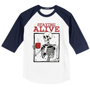 Spooky Vibe Coffee Skeleton Halloween Staying Alive Meme Baseball Sleeve Shirt