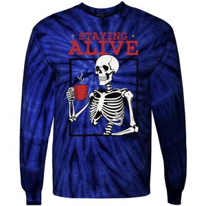 Spooky Vibe Coffee Skeleton Halloween Staying Alive Meme Tie-Dye Long Sleeve Shirt