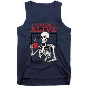 Spooky Vibe Coffee Skeleton Halloween Staying Alive Meme Tank Top