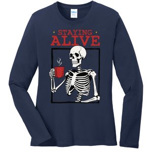 Spooky Vibe Coffee Skeleton Halloween Staying Alive Meme Ladies Long Sleeve Shirt