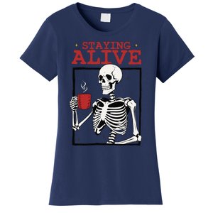 Spooky Vibe Coffee Skeleton Halloween Staying Alive Meme Women's T-Shirt