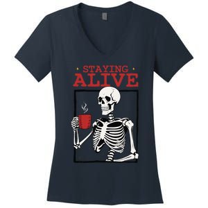 Spooky Vibe Coffee Skeleton Halloween Staying Alive Meme Women's V-Neck T-Shirt