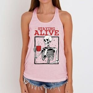 Spooky Vibe Coffee Skeleton Halloween Staying Alive Meme Women's Knotted Racerback Tank