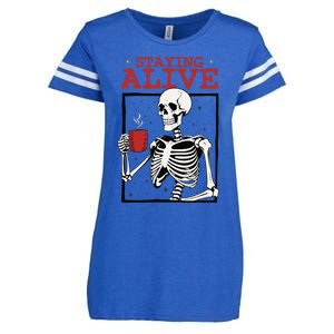 Spooky Vibe Coffee Skeleton Halloween Staying Alive Meme Enza Ladies Jersey Football T-Shirt