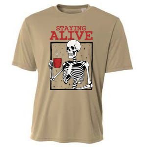 Spooky Vibe Coffee Skeleton Halloween Staying Alive Meme Cooling Performance Crew T-Shirt