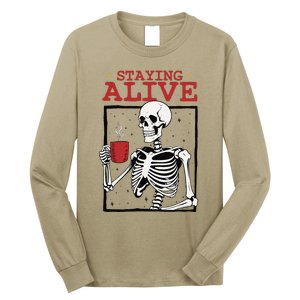 Spooky Vibe Coffee Skeleton Halloween Staying Alive Meme Long Sleeve Shirt