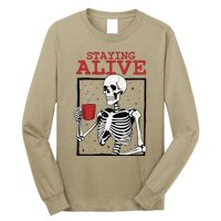 Spooky Vibe Coffee Skeleton Halloween Staying Alive Meme Long Sleeve Shirt