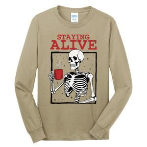 Spooky Vibe Coffee Skeleton Halloween Staying Alive Meme Tall Long Sleeve T-Shirt