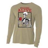 Spooky Vibe Coffee Skeleton Halloween Staying Alive Meme Cooling Performance Long Sleeve Crew