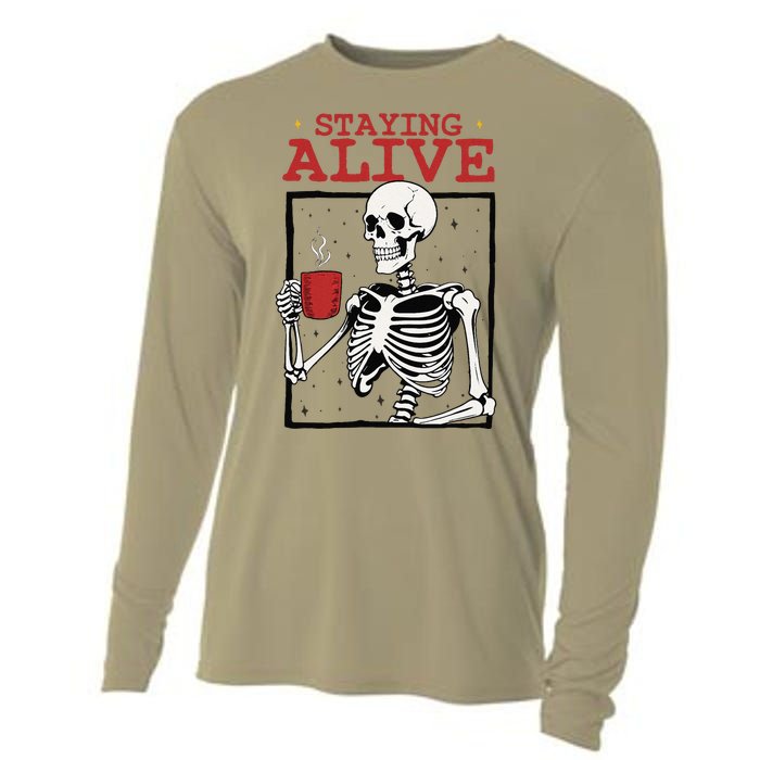 Spooky Vibe Coffee Skeleton Halloween Staying Alive Meme Cooling Performance Long Sleeve Crew