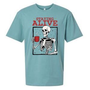 Spooky Vibe Coffee Skeleton Halloween Staying Alive Meme Sueded Cloud Jersey T-Shirt