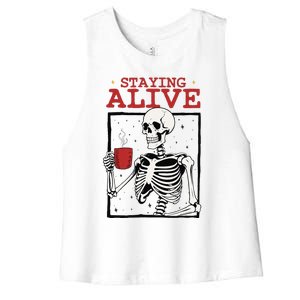 Spooky Vibe Coffee Skeleton Halloween Staying Alive Meme Women's Racerback Cropped Tank