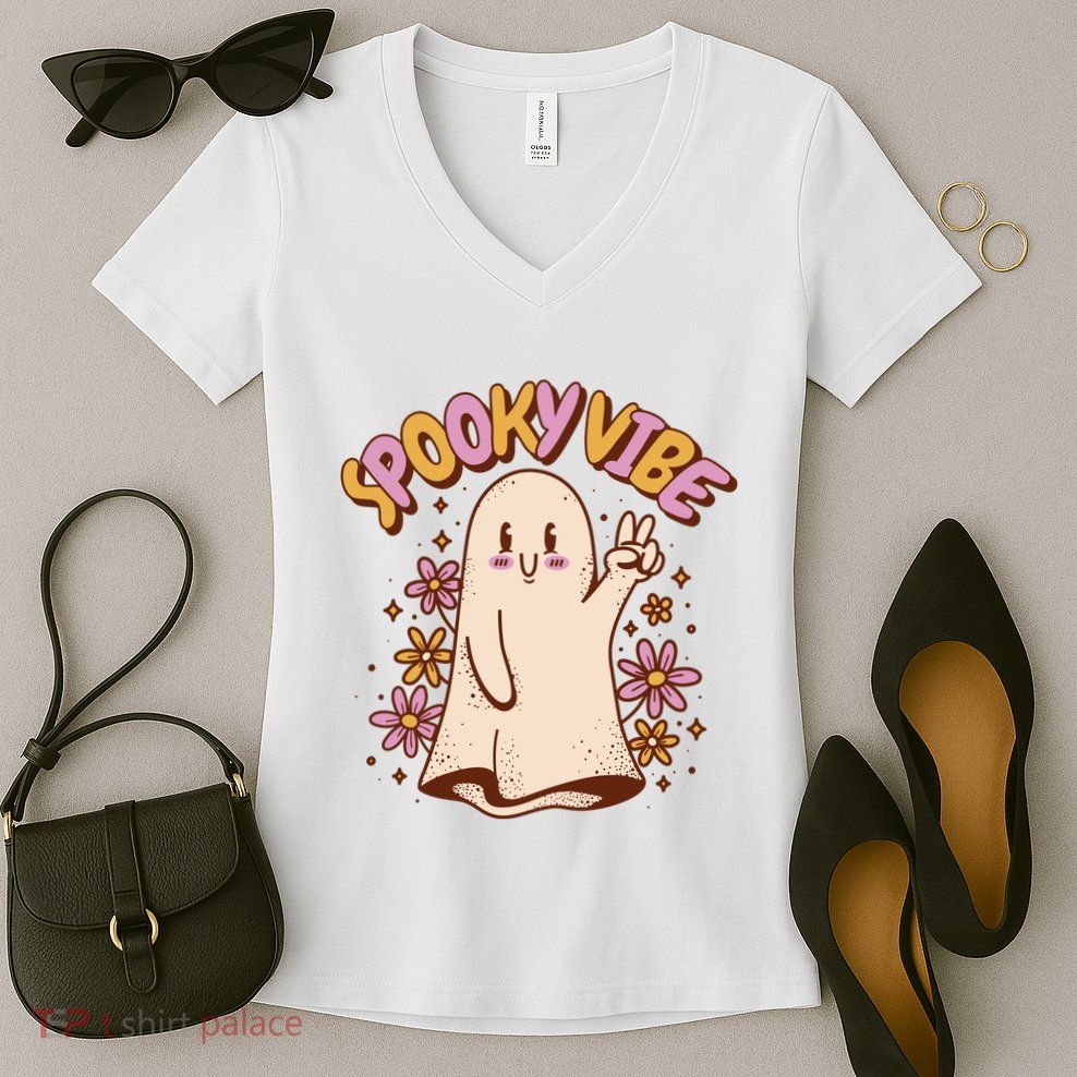Spooky Vibe Cute Hippie Ghost Women's V-Neck T-Shirt