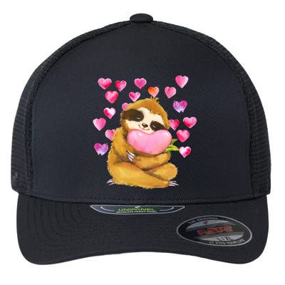 Sloth Valentine's Day Cute Sloth Hugging A Heart Flexfit Unipanel Trucker Cap