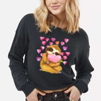 Sloth Valentine's Day Cute Sloth Hugging A Heart Cropped Pullover Crew