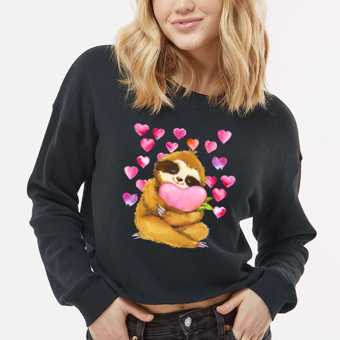Sloth Valentine's Day Cute Sloth Hugging A Heart Cropped Pullover Crew