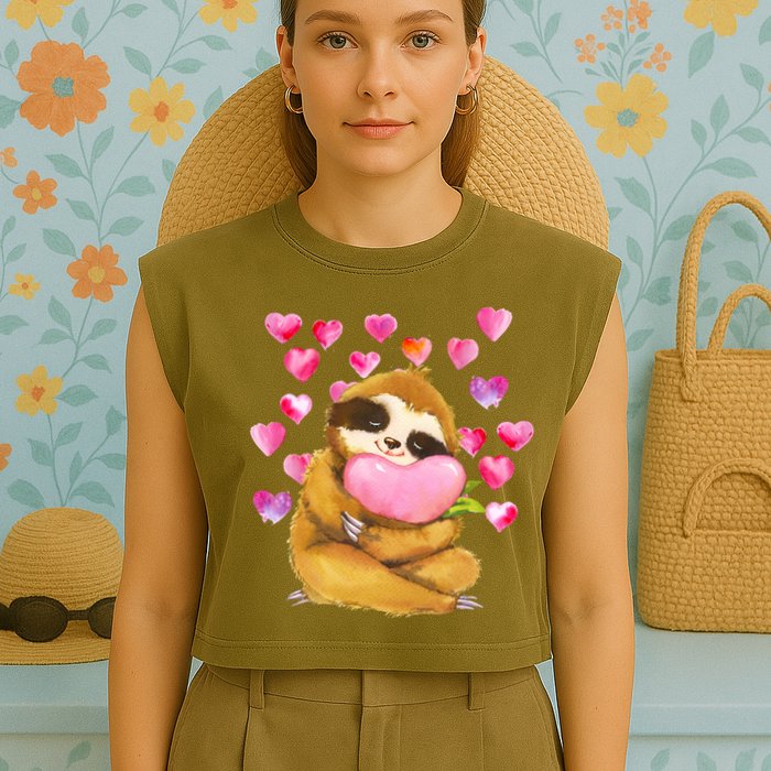 Sloth Valentine's Day Cute Sloth Hugging A Heart Garment-Dyed Women's Muscle Tee
