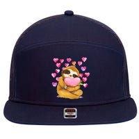 Sloth Valentine's Day Cute Sloth Hugging A Heart 7 Panel Mesh Trucker Snapback Hat