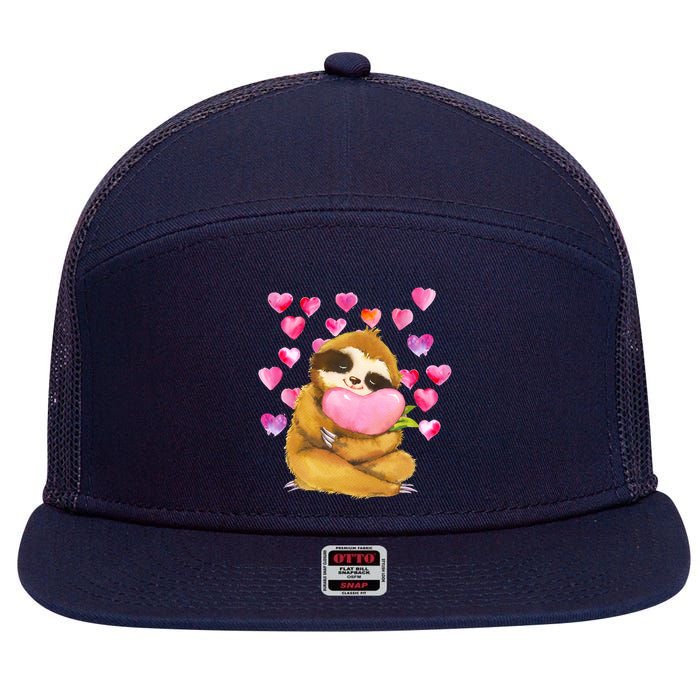 Sloth Valentine's Day Cute Sloth Hugging A Heart 7 Panel Mesh Trucker Snapback Hat
