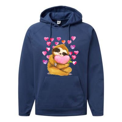 Sloth Valentine's Day Cute Sloth Hugging A Heart Performance Fleece Hoodie