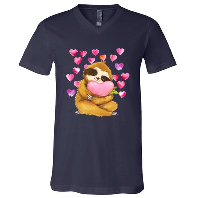 Sloth Valentine's Day Cute Sloth Hugging A Heart V-Neck T-Shirt