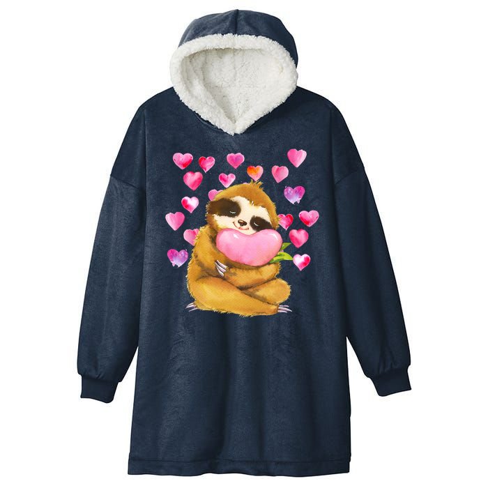 Sloth Valentine's Day Cute Sloth Hugging A Heart Hooded Wearable Blanket